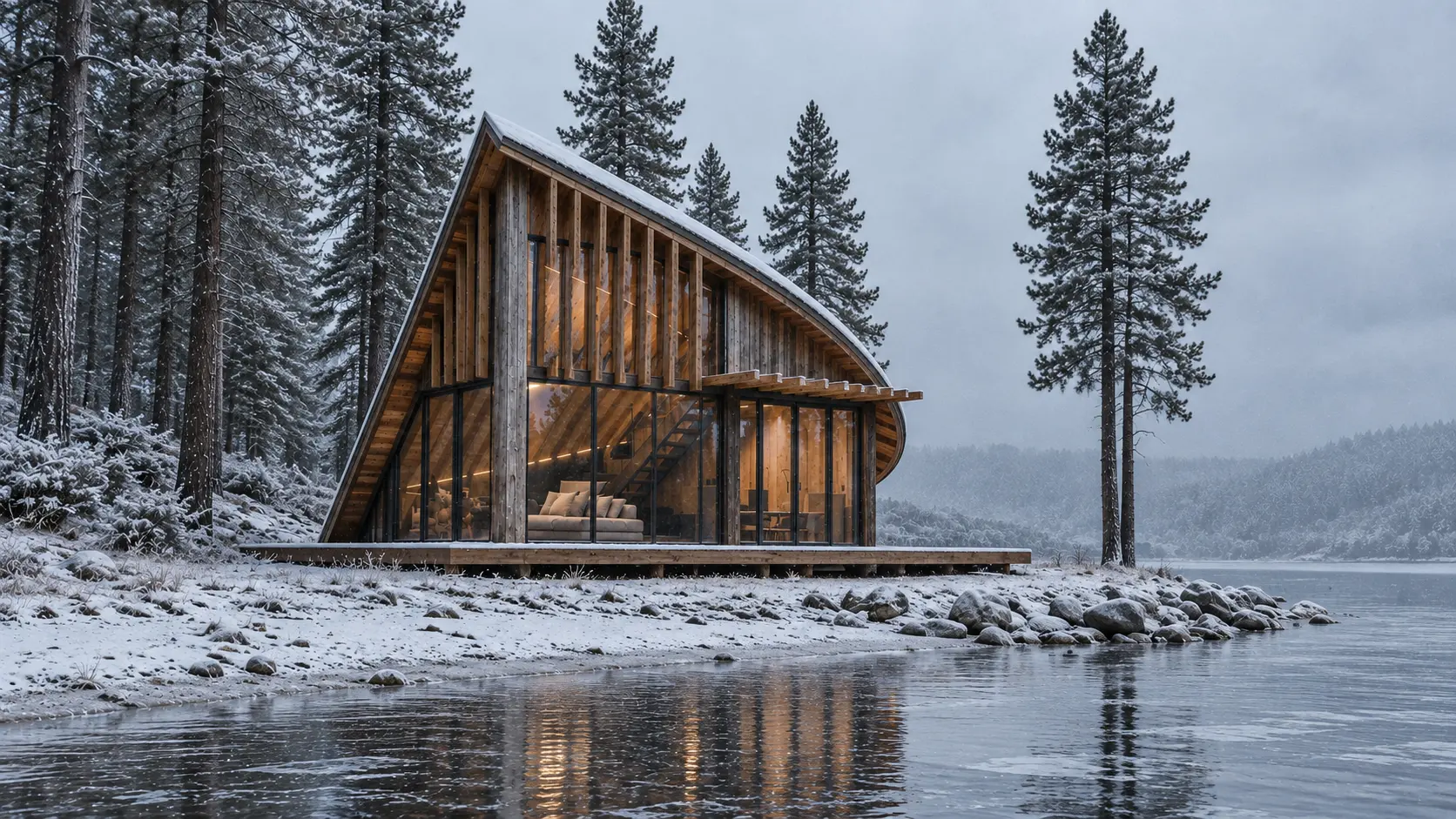 Skylight Cabin among snow-covered pines beside the lake