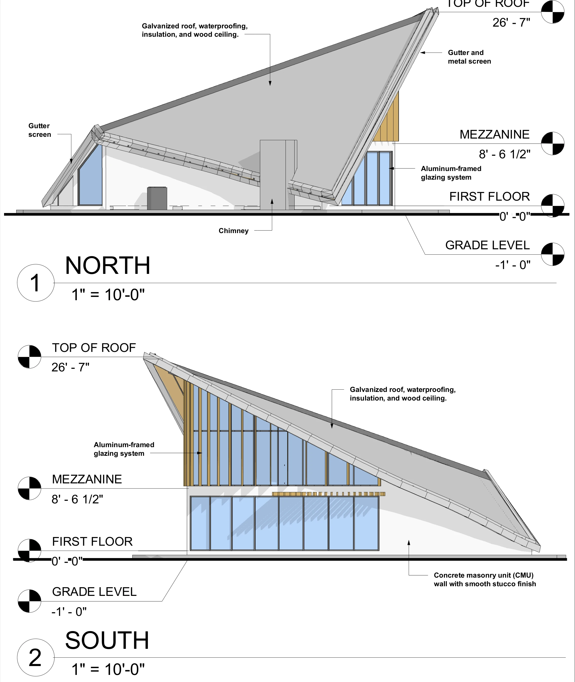 North and south elevations of the Skylight cabin, with roof, mezzanine, first floor and grade levels and material notes