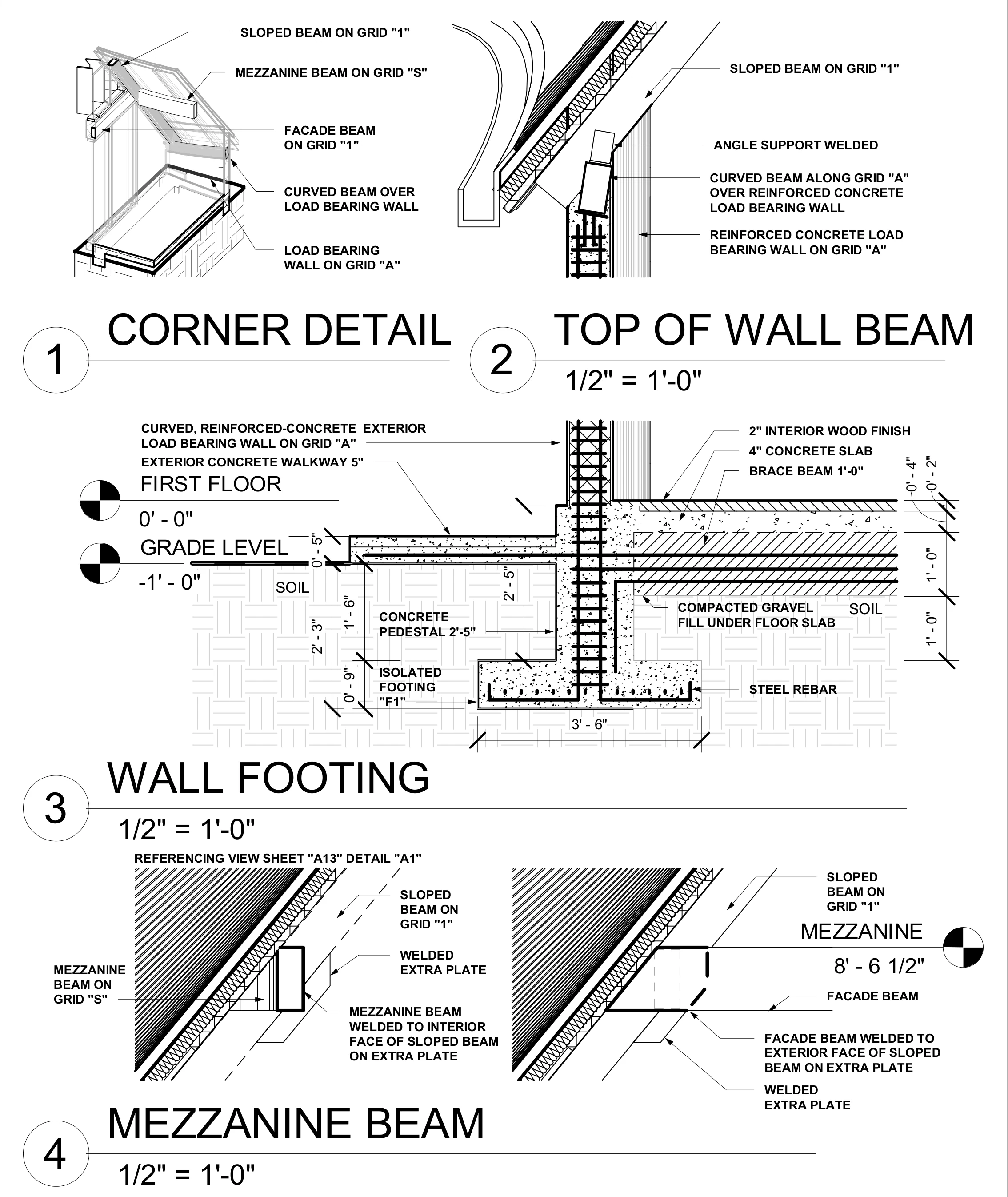 Structural details of the Skylight cabin: corner detail, top of wall beam, wall footing and mezzanine beam