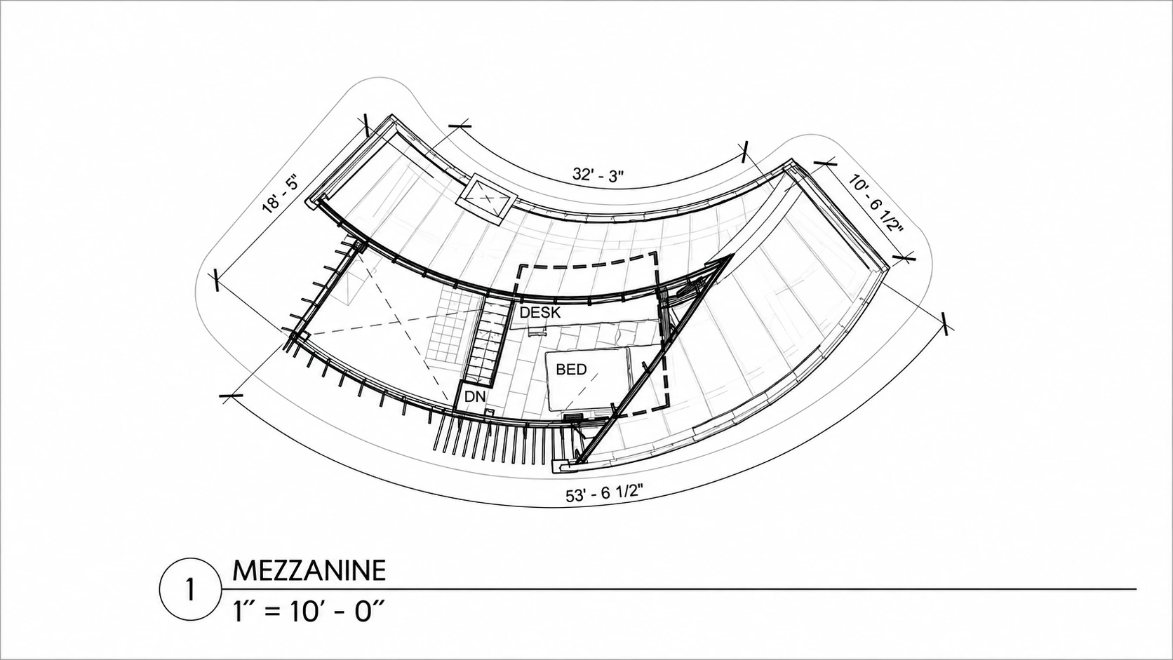 Mezzanine plan of the Skylight cabin: bed and desk above the living space, with overall dimensions of 53 ft 6 1/2 in