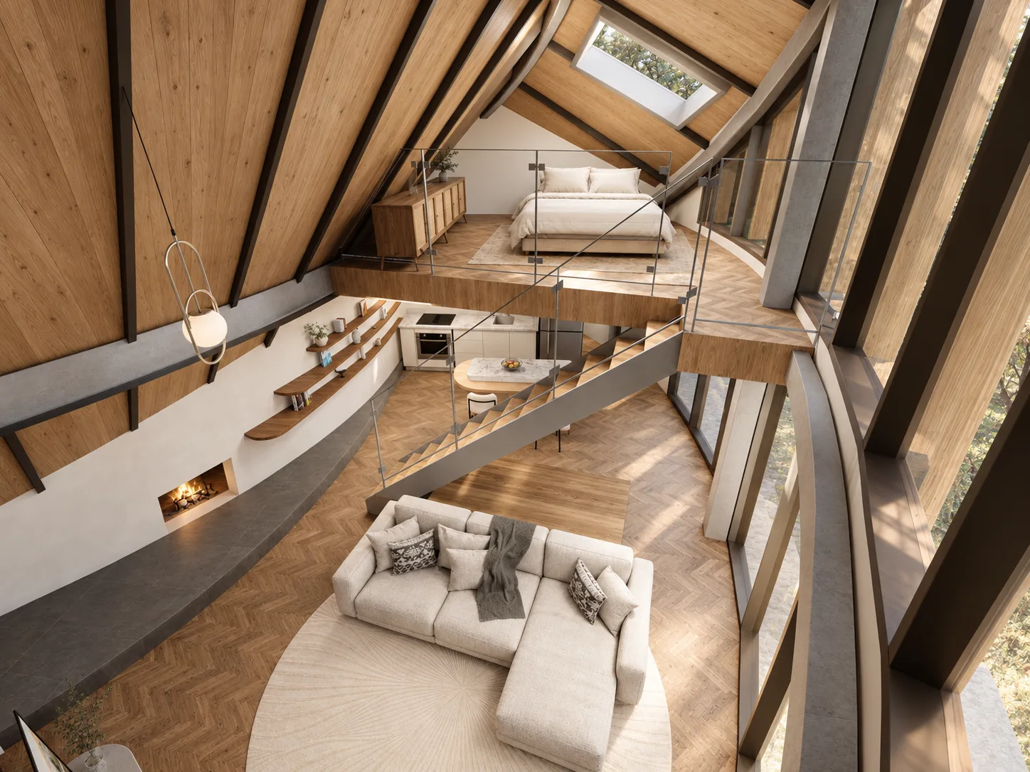 Skylight Cabin living room, kitchen and mezzanine