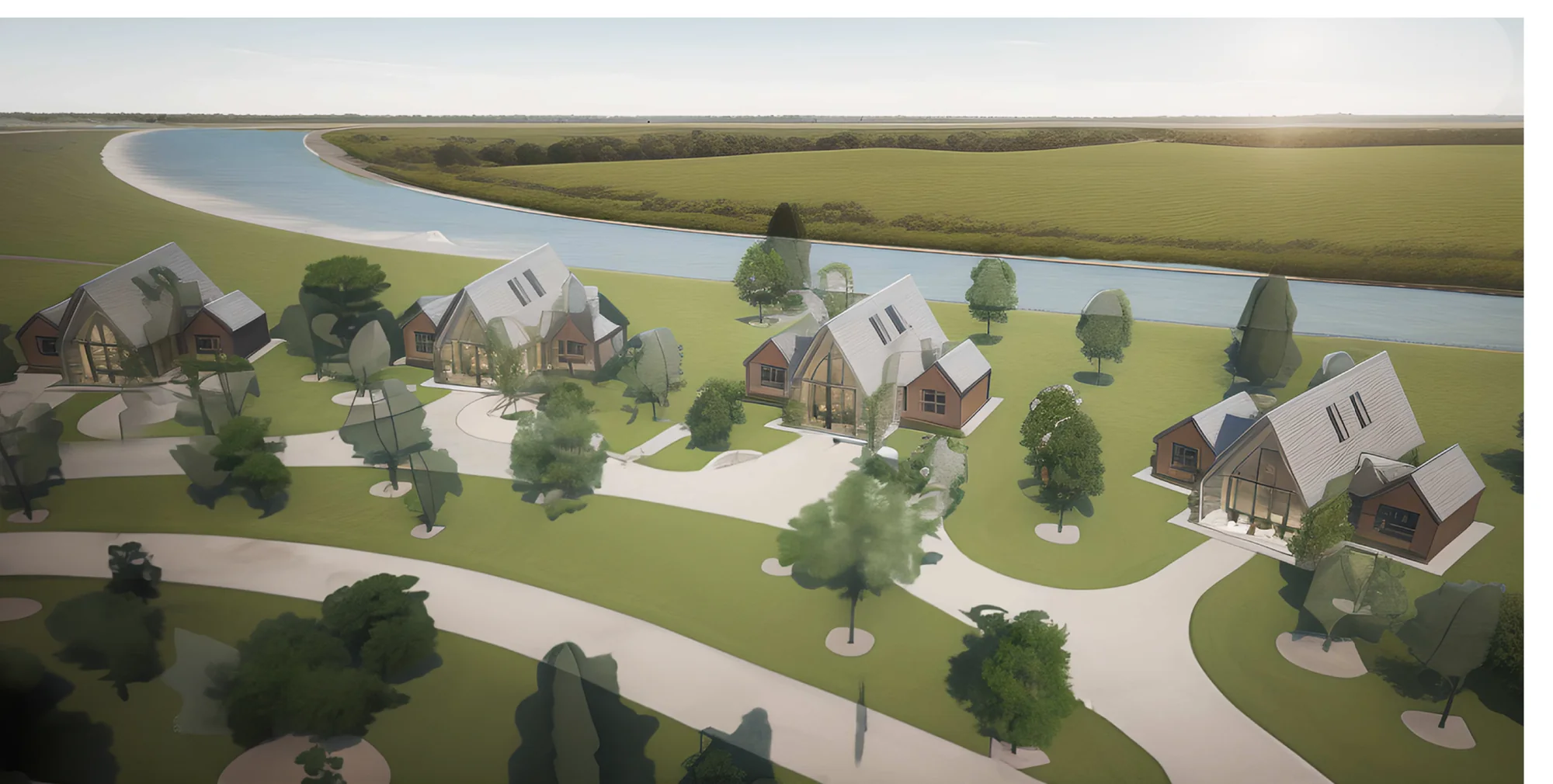 Aerial render of a riverfront cabin community master planned by ARCH-S, with looping roads and clustered homes