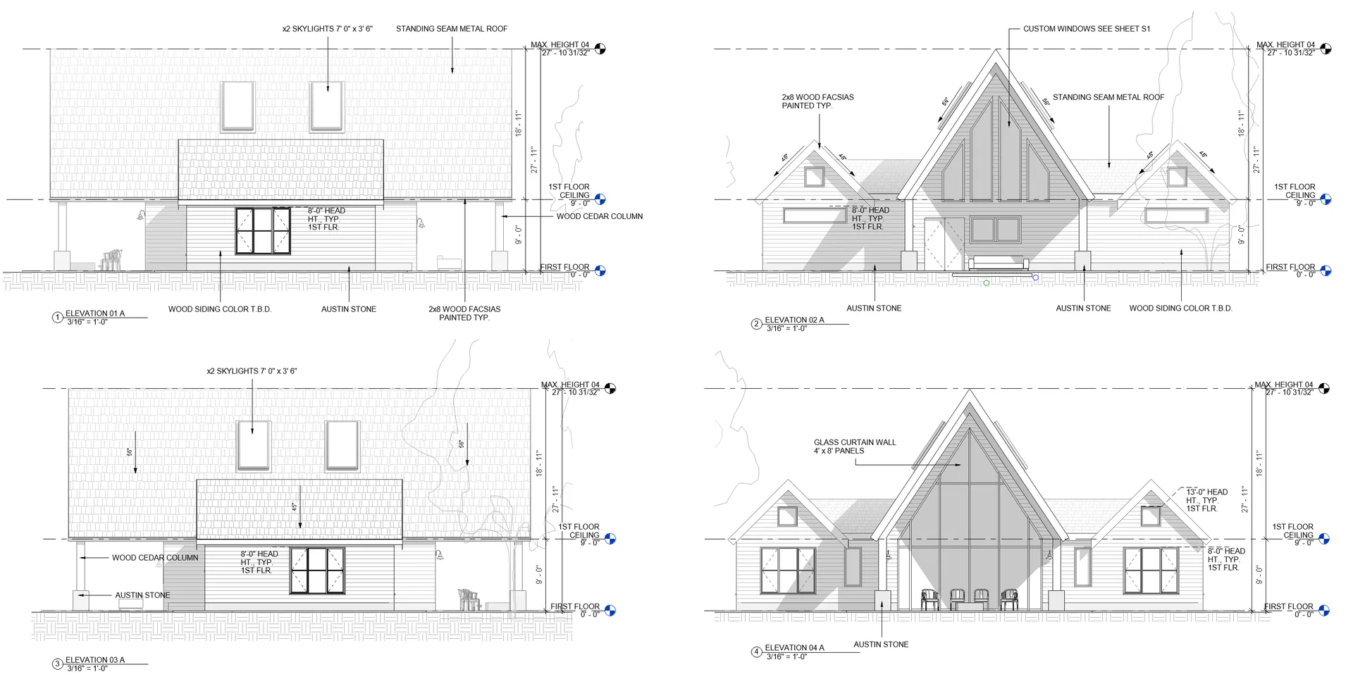All four elevations on a single sheet for quick reference