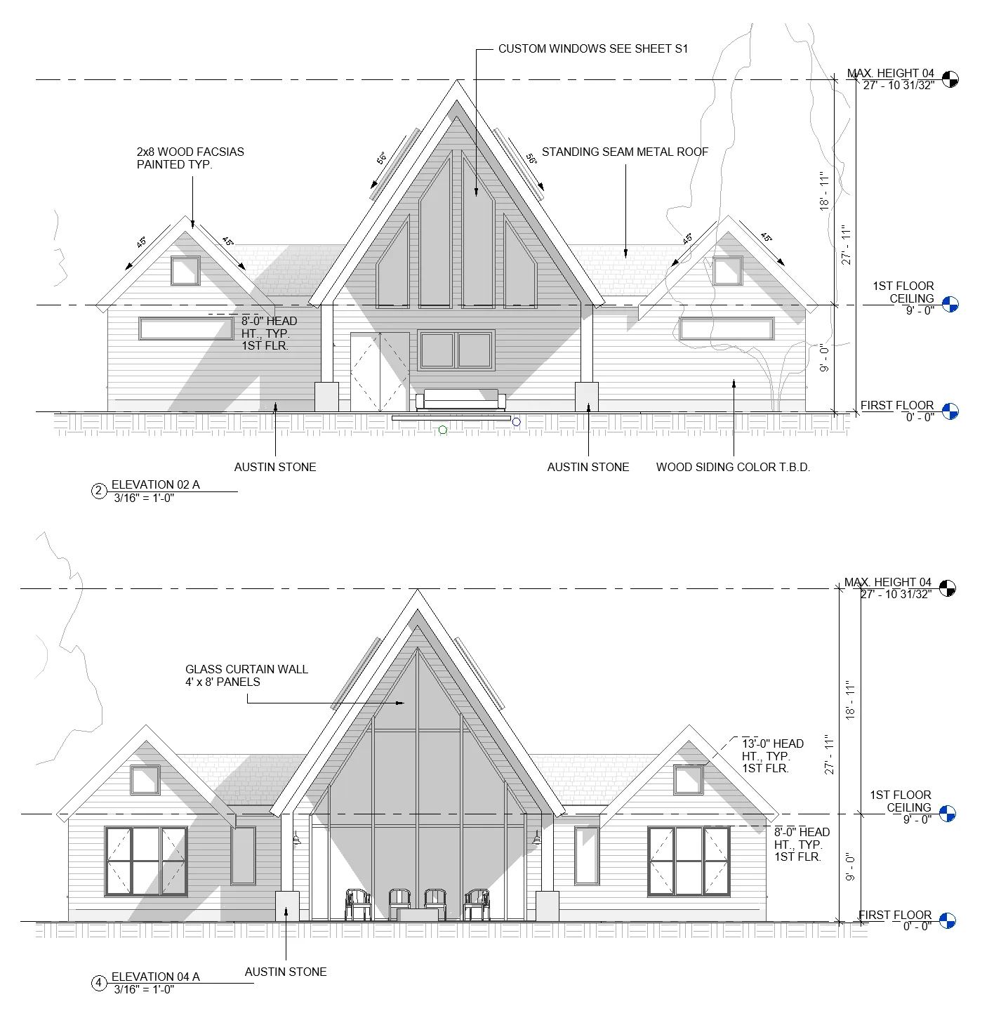 Front and back elevations with the A-frame peak, glass curtain wall and Austin stone base