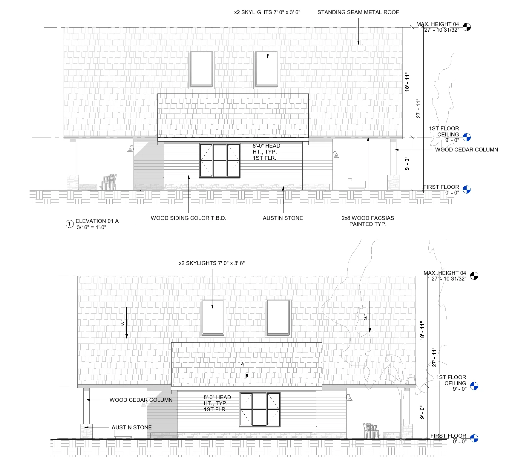 Two side elevations showing the bedroom wings, skylights and standing-seam metal roof