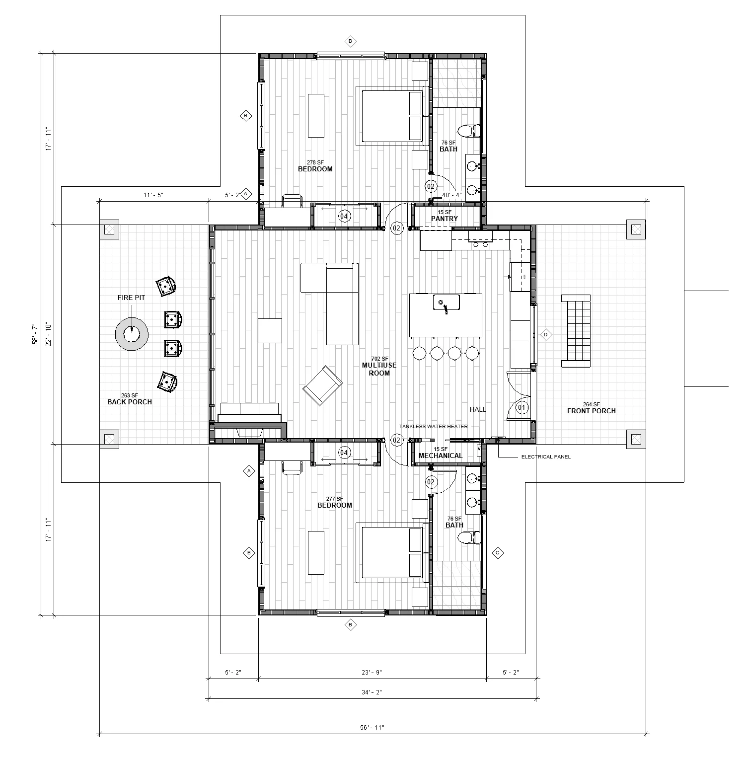 Vault Cabin furnished floor plan with dimensions, rooms and fire pit
