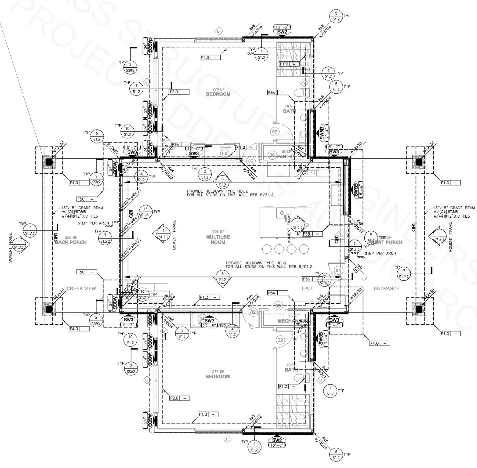Foundation framing plan with grade beams, moment frames and structural connections