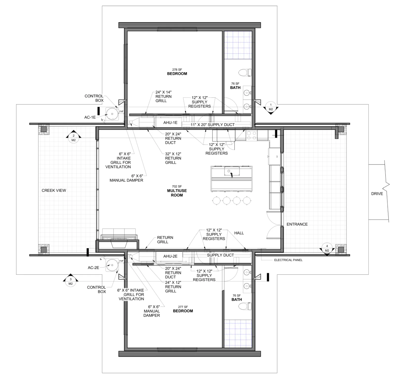 HVAC plan with supply ducts, return grills, manual dampers and air-handler placement