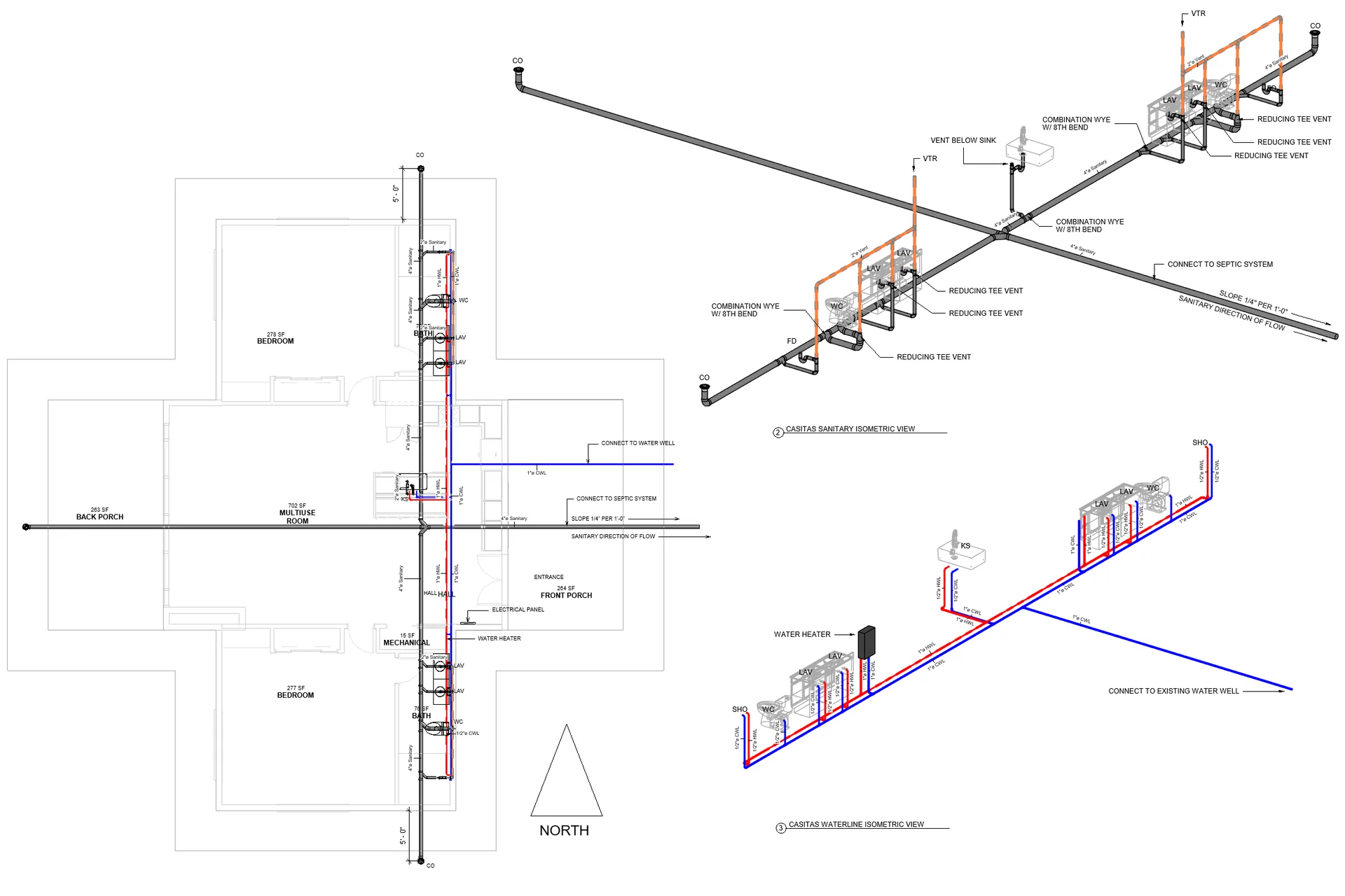 Plumbing plan plus sanitary and water-line isometric views with septic and well connections