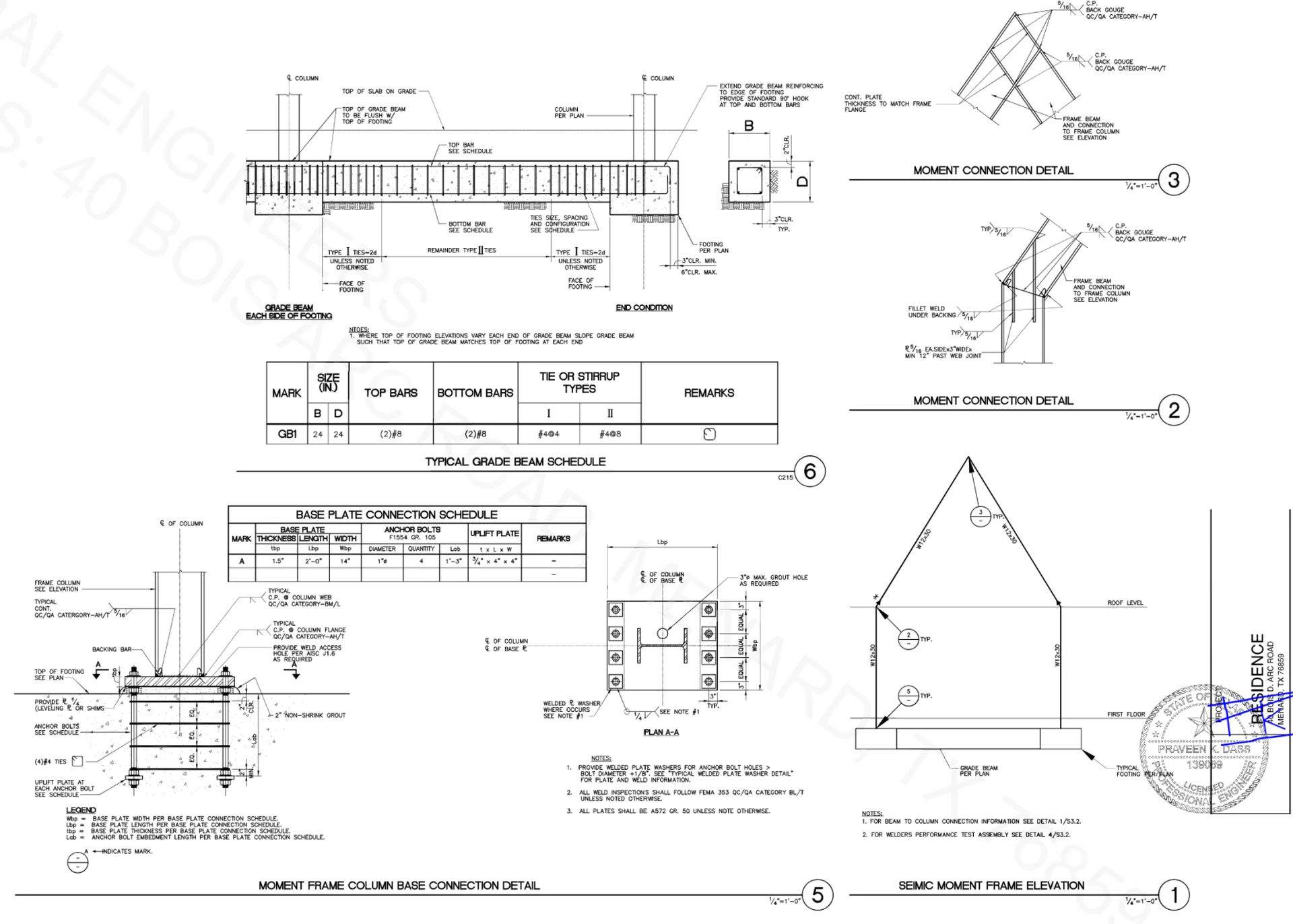 Structural details including grade beam schedule, base plate connection and moment frame elevation