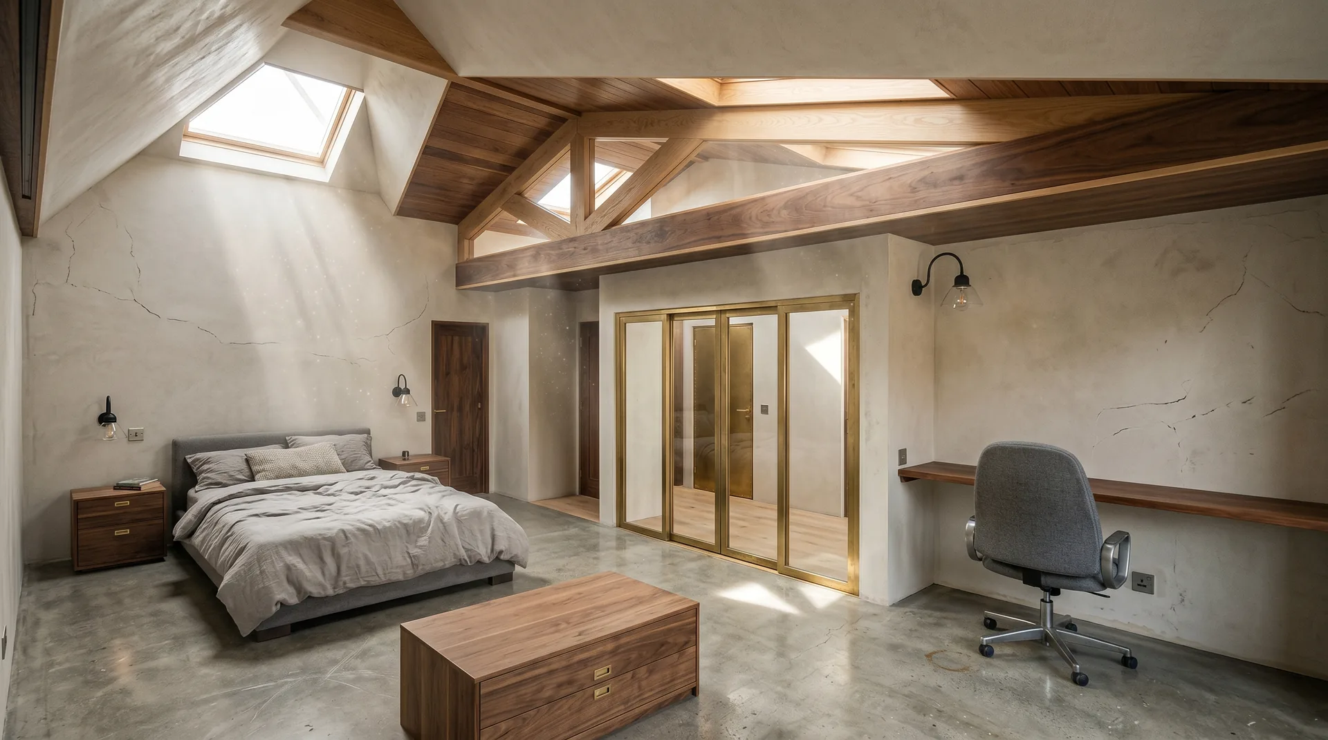 Master bedroom with skylights, exposed wood beams and warm morning daylight
