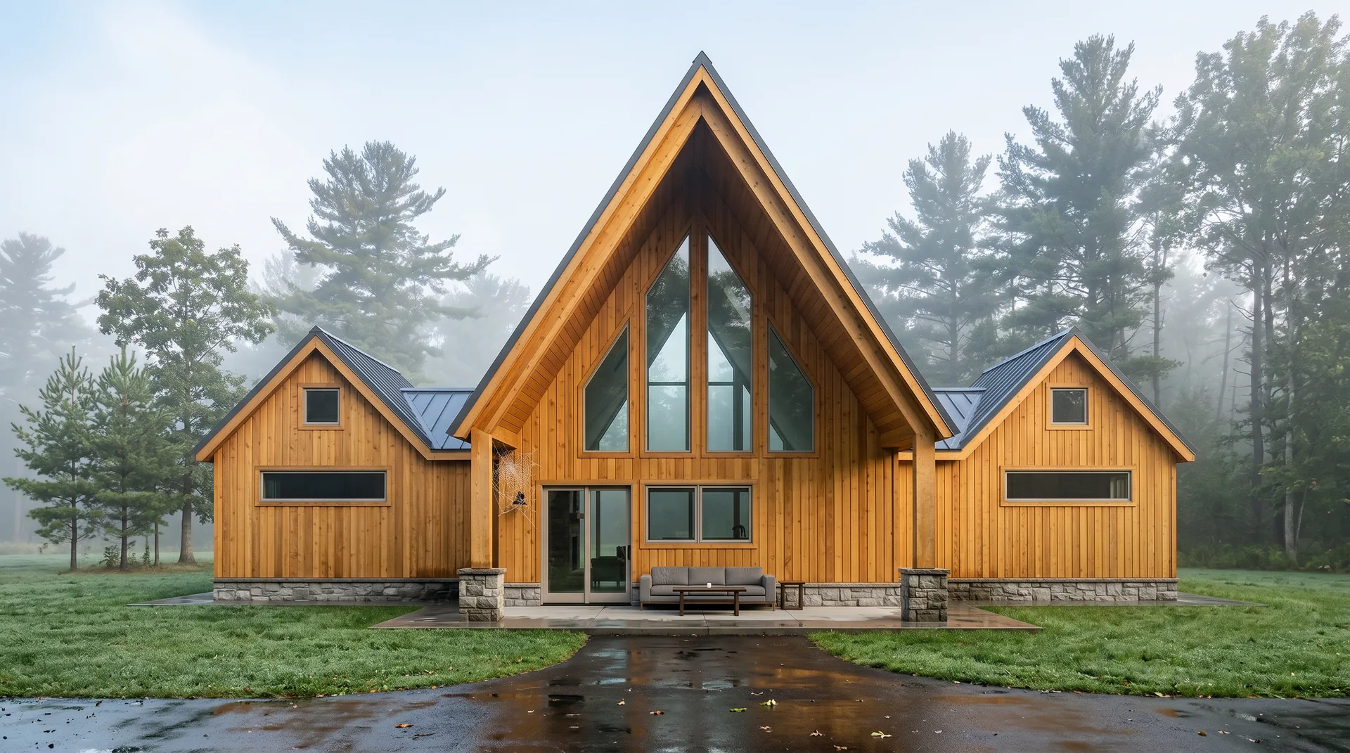 Front symmetric view in misty morning, cedar siding and dark slate-gray A-frame roof