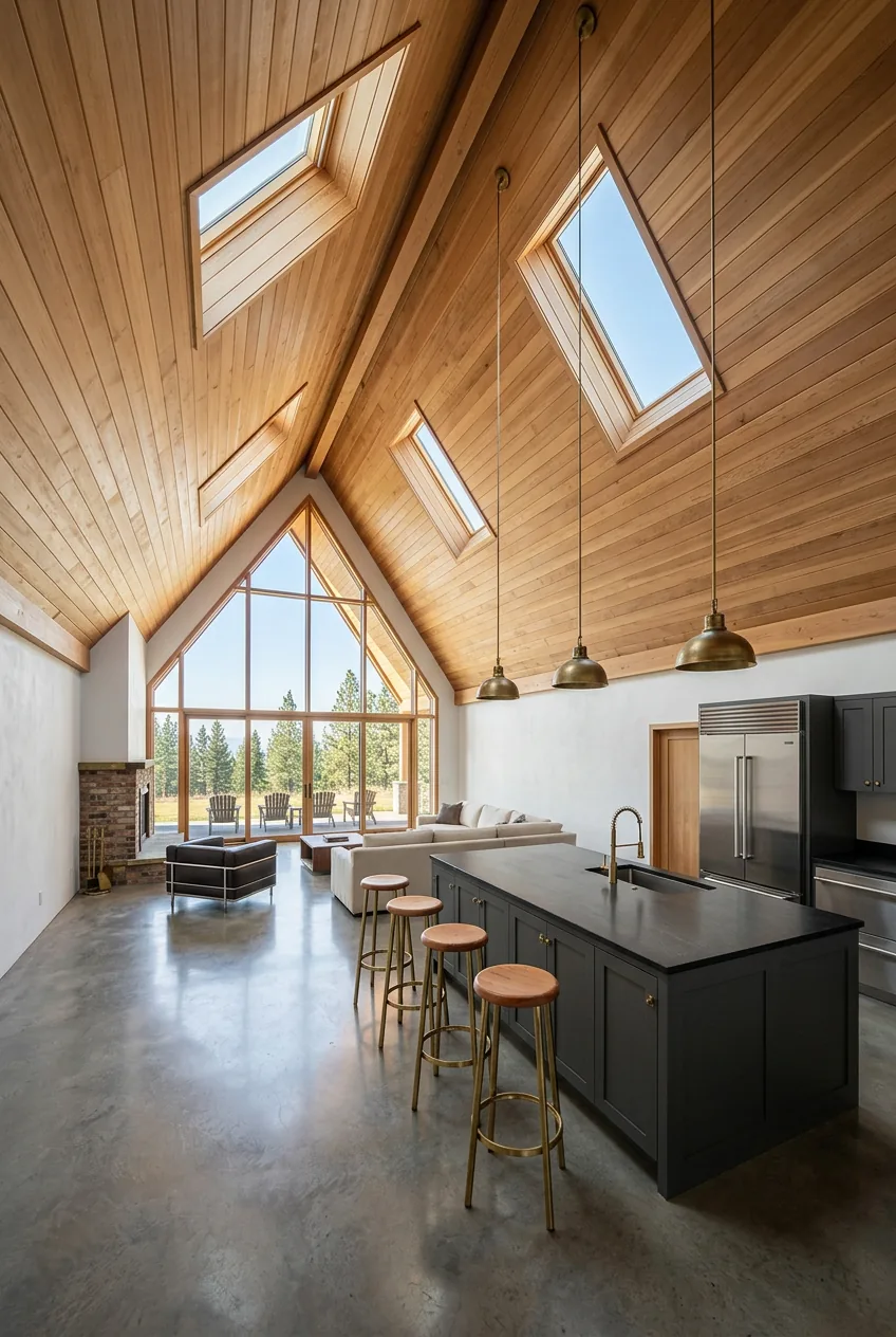 Kitchen island under the A-frame cedar ceiling with skylights, dark walnut counter, brass pendants and leather counter stools