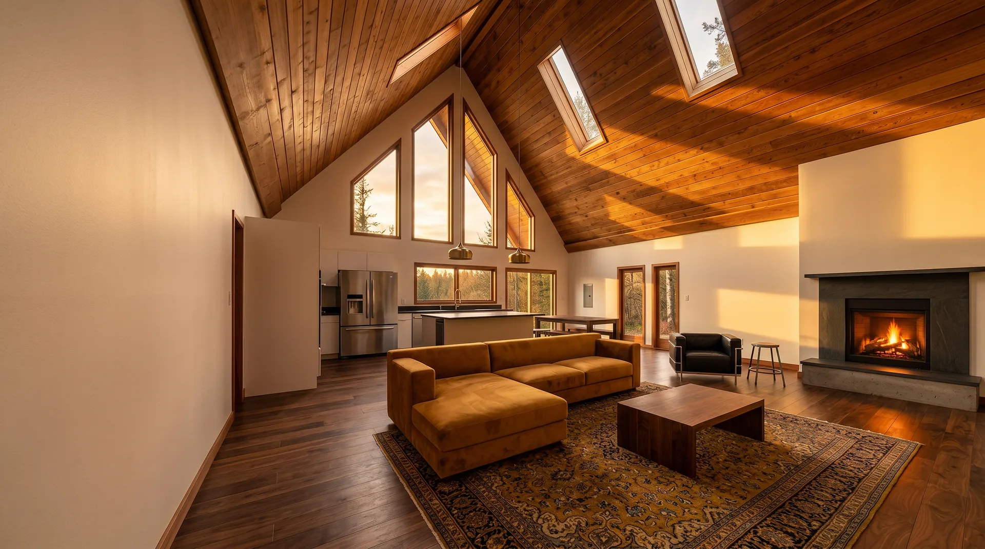 Cozy living room with warm cedar A-frame ceiling, ochre sectional, stone fireplace and lit wood-burning insert