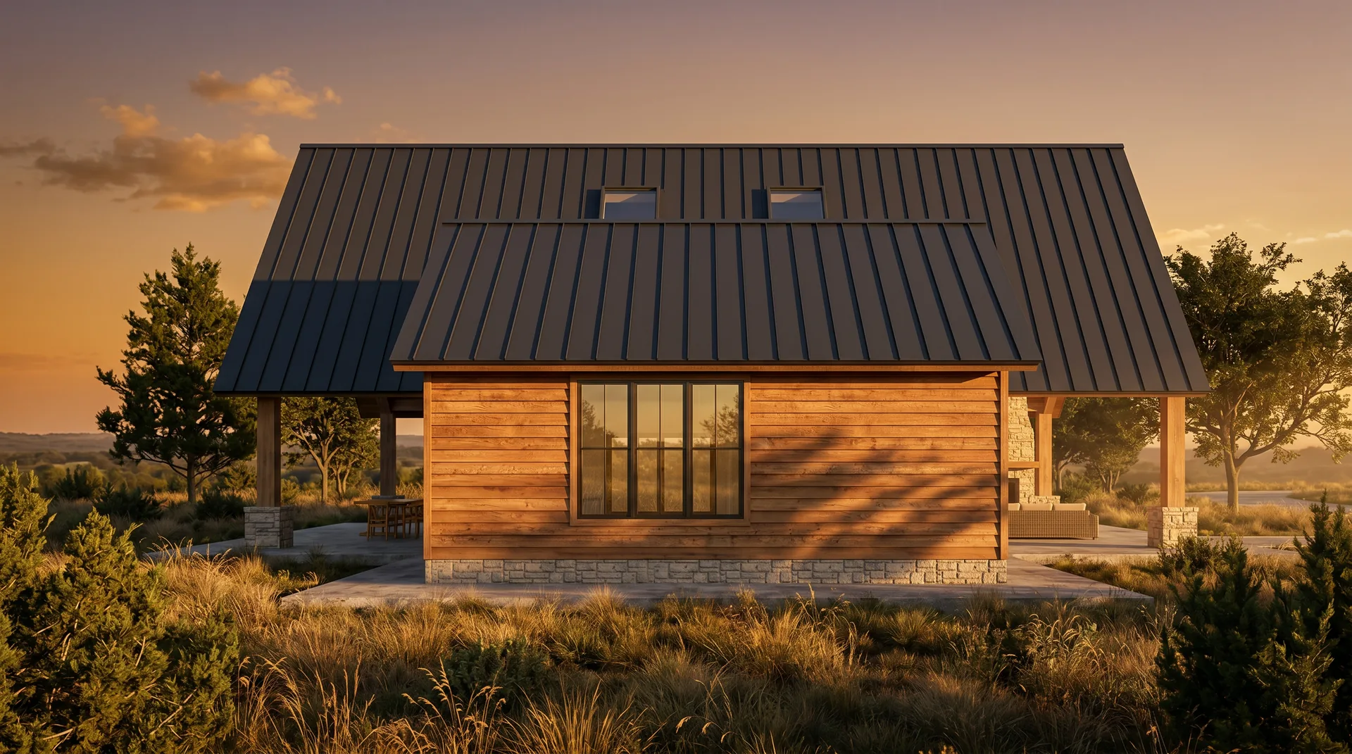 Side elevation of the cabin at sunset, warm raking light across cedar siding and Texas hill country