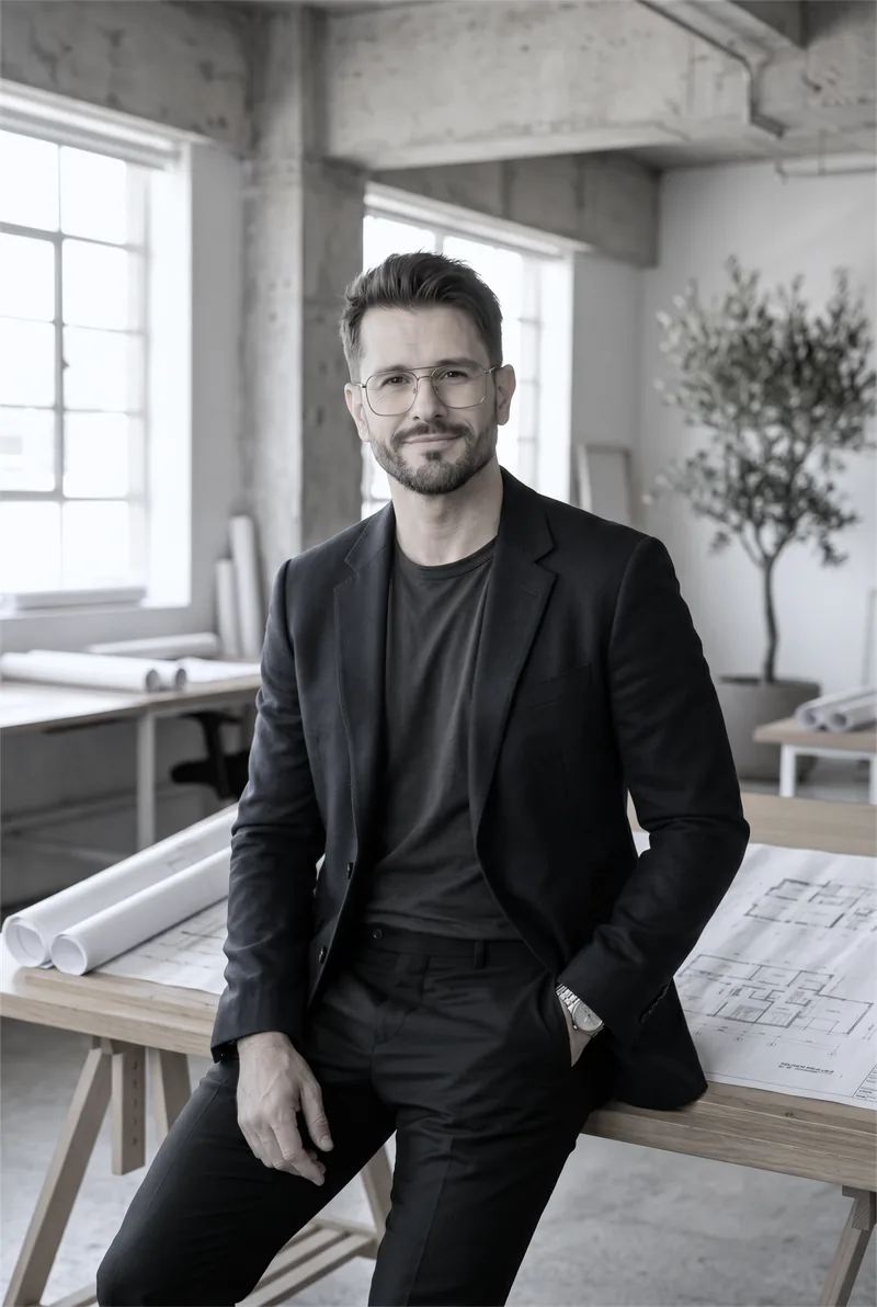 Founder of ARCH-S Design Studio at the studio desk with architectural plans