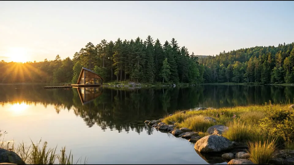 Skylight Cabin 1-Bedroom lakeside exterior at dusk