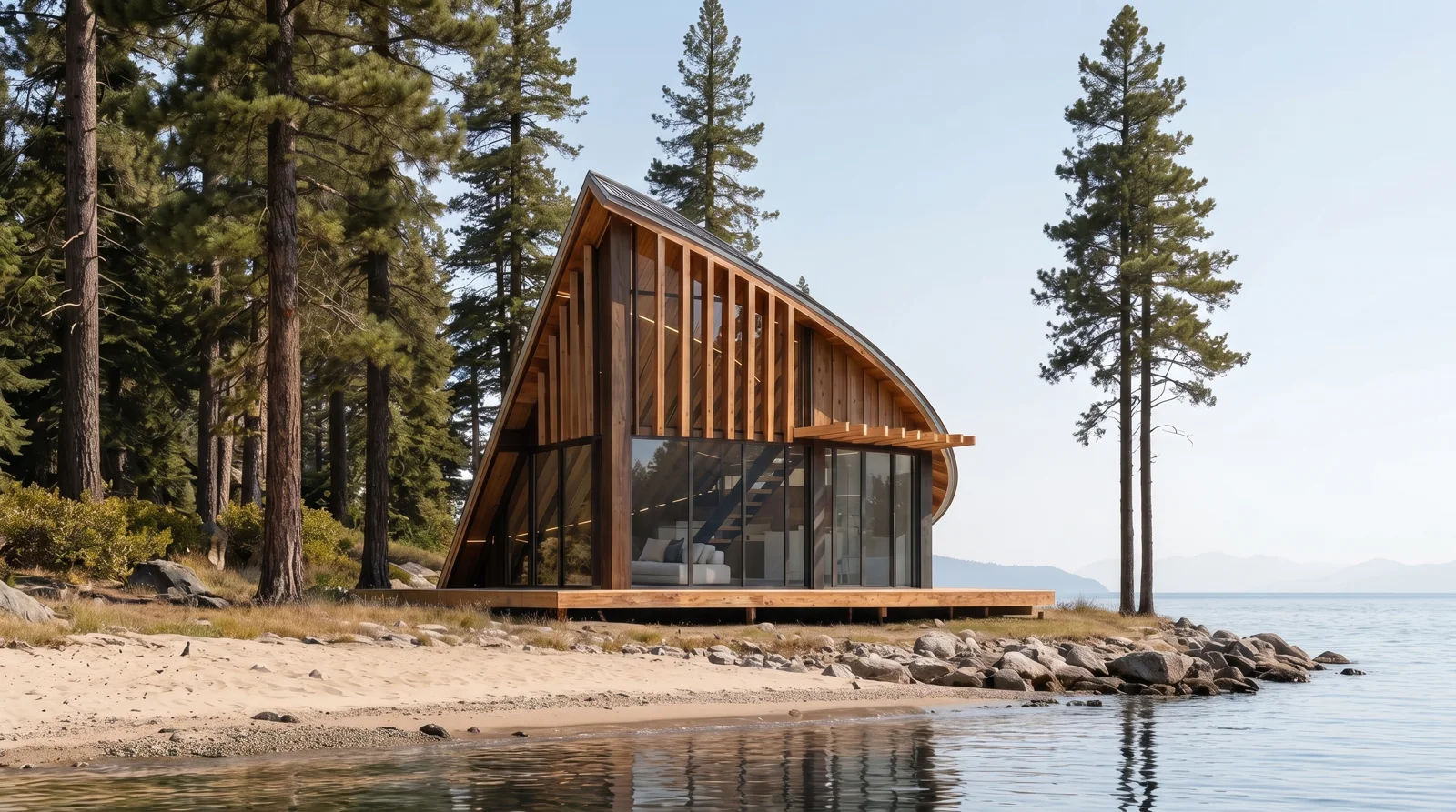 The Skylight Cabin on a lakeshore among pines