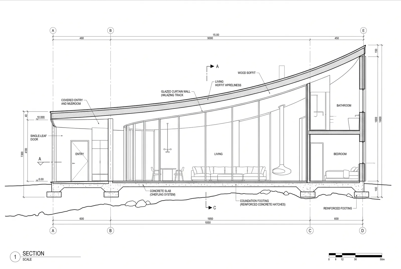 Arc Cabin section drawing showing entry, living, kitchen, bathroom and bedroom layout