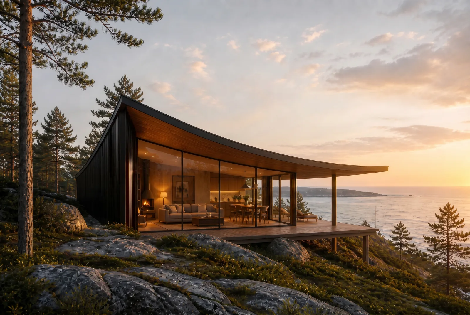 Arc Cabin interior detail: natural light through full-height glazing
