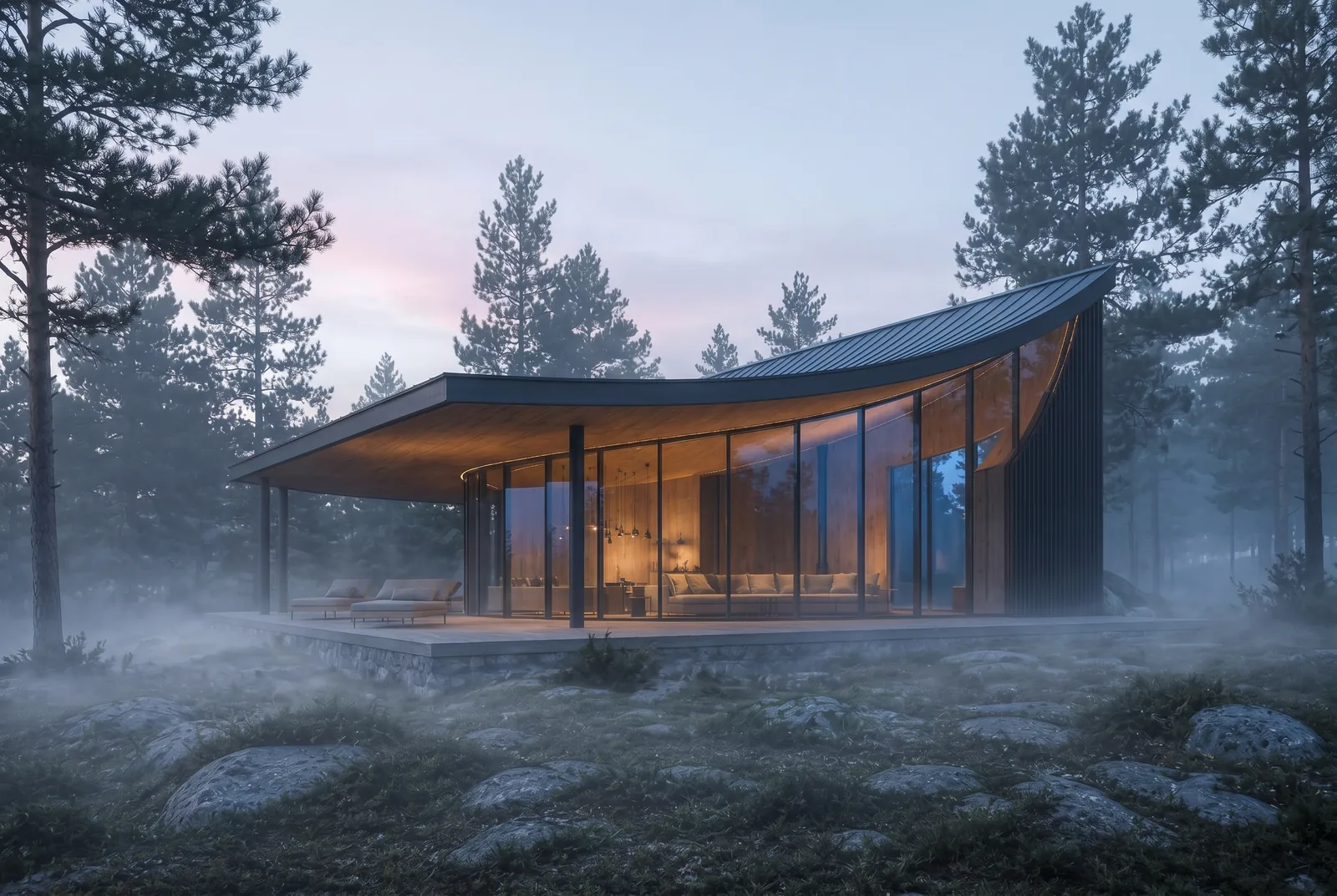 Arc Cabin interior: concrete floor and timber walls