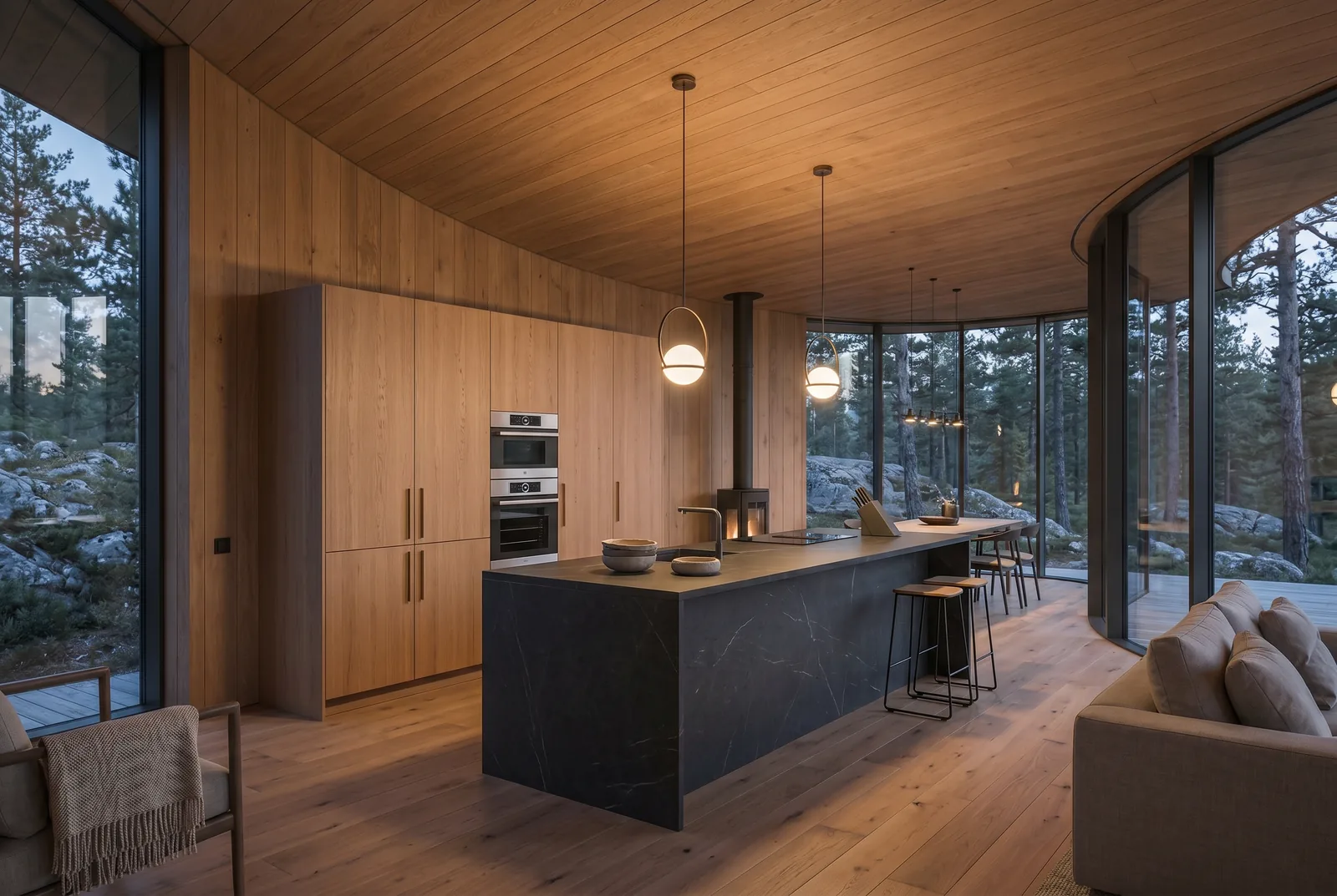 Arc Cabin interior 3D view: kitchen island, curved timber ceiling, full-height glazing