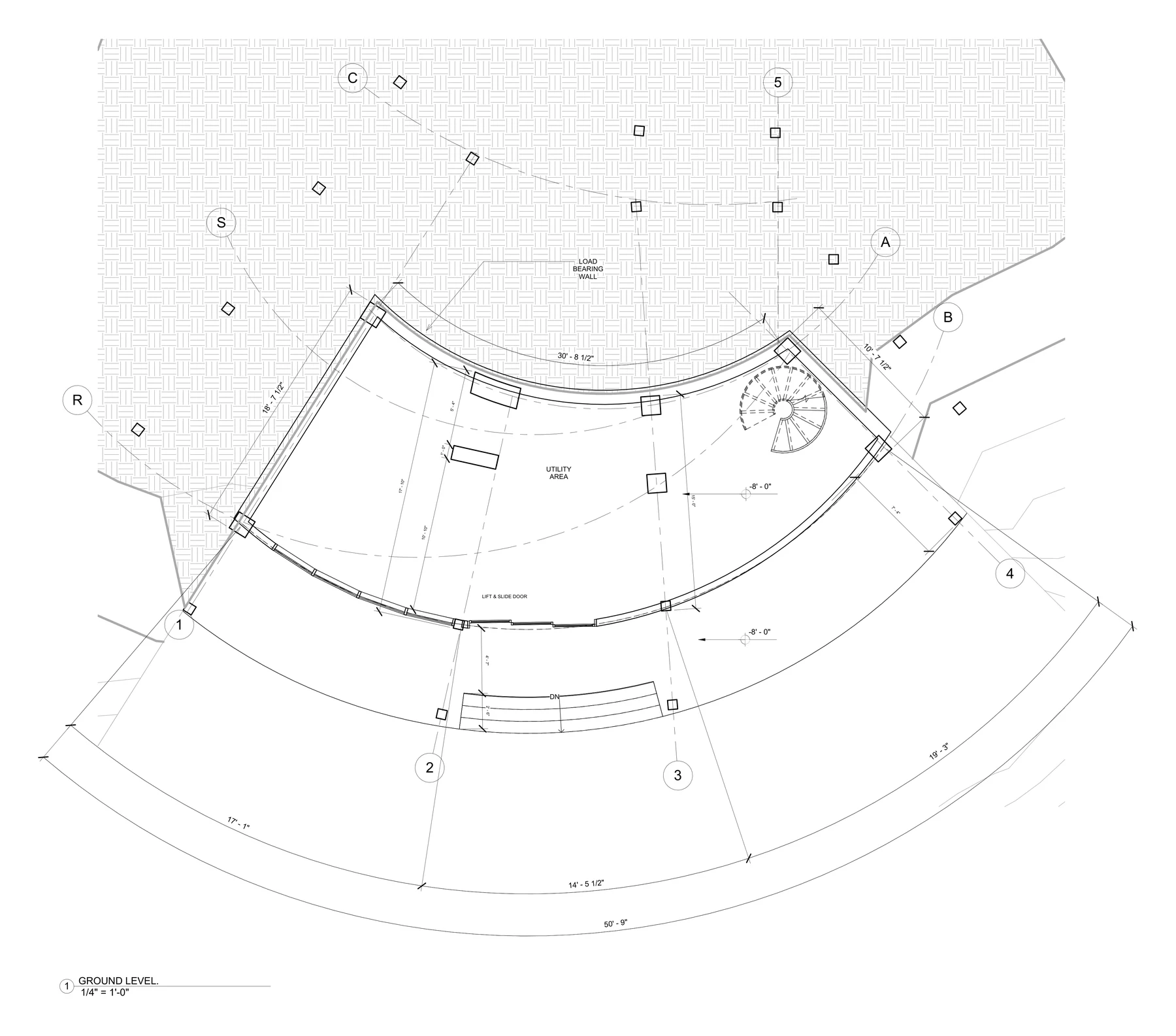 Walkout lower level plan, dimensioned, showing the utility area, spiral stair and the lift and slide door out to grade