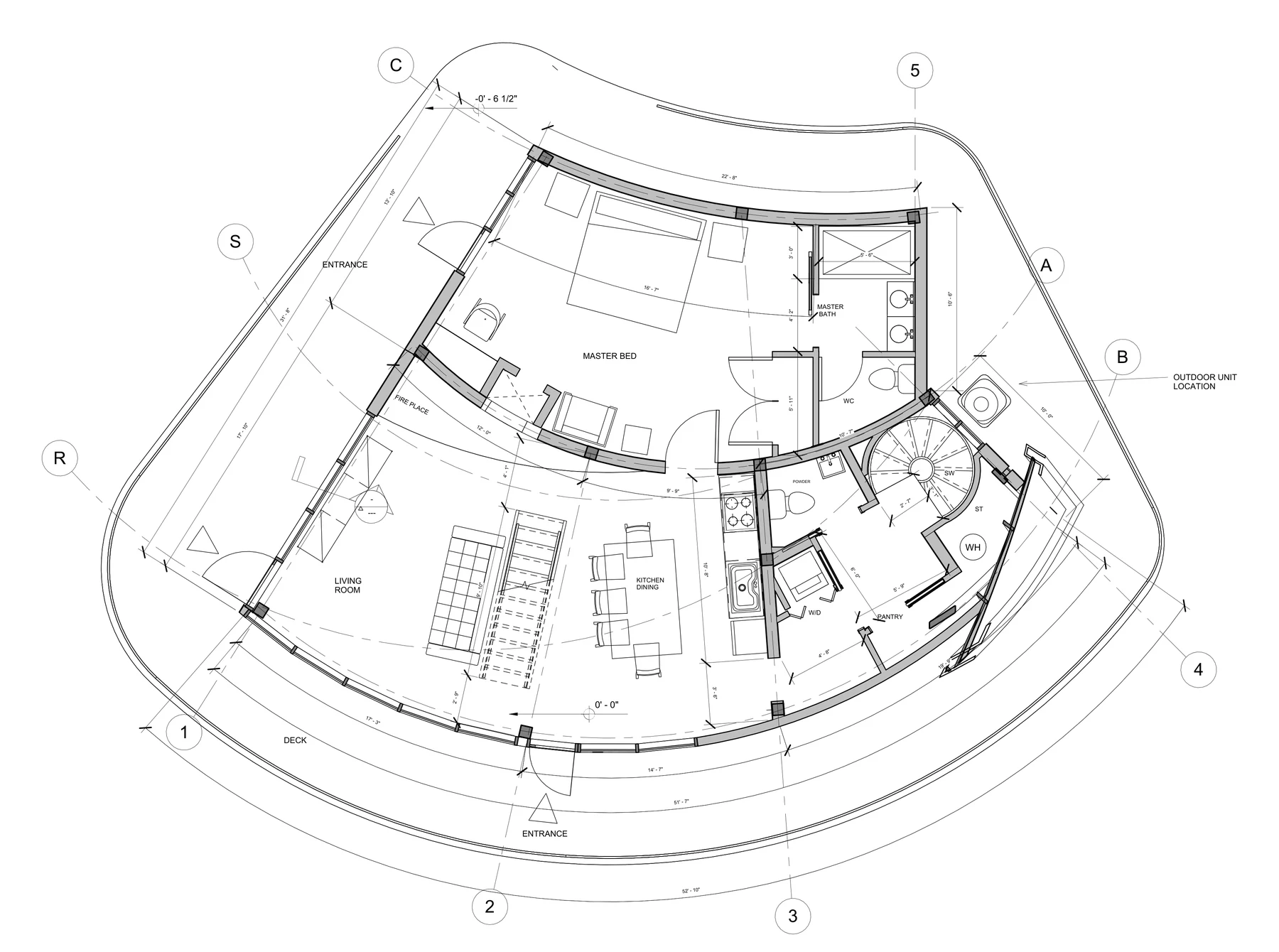 Main floor plan showing living room, fireplace, kitchen and dining, master bedroom, master bath, WC, powder room, pantry and deck