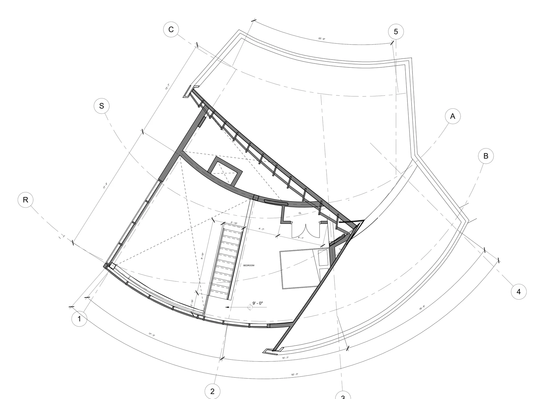 Mezzanine plan showing the second bedroom with closet, open to the living space below