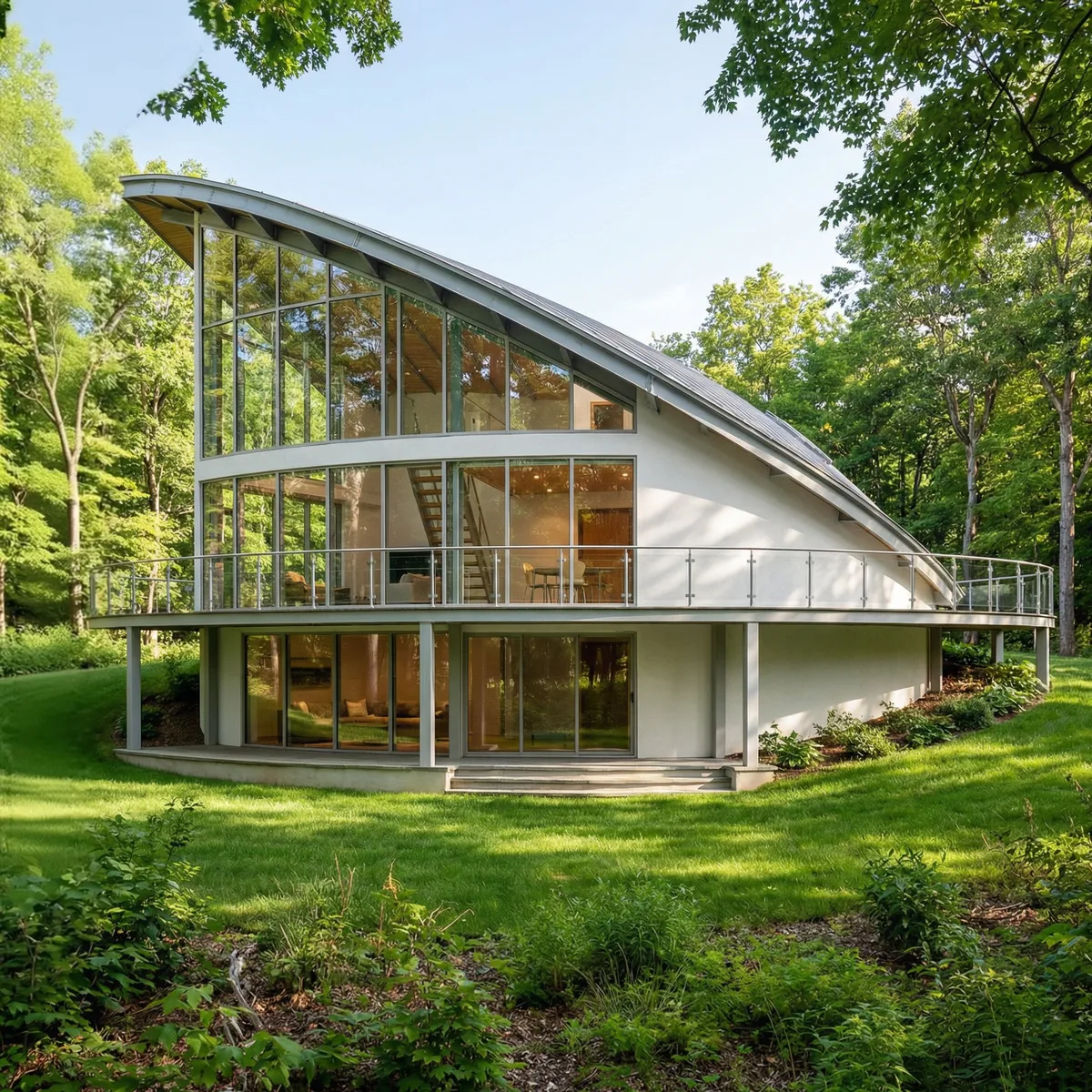 Front view of the Walkout Edition: full-height glass under the curved roof, wrap-around deck over the walkout level