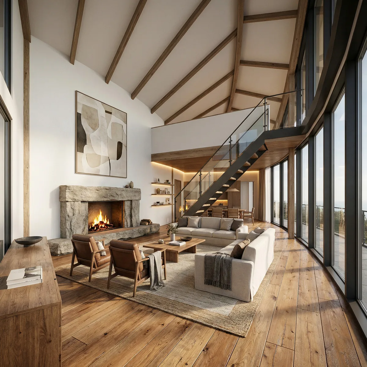 Double-height living room with stone fireplace, wood ceiling, mezzanine stair and glass wall