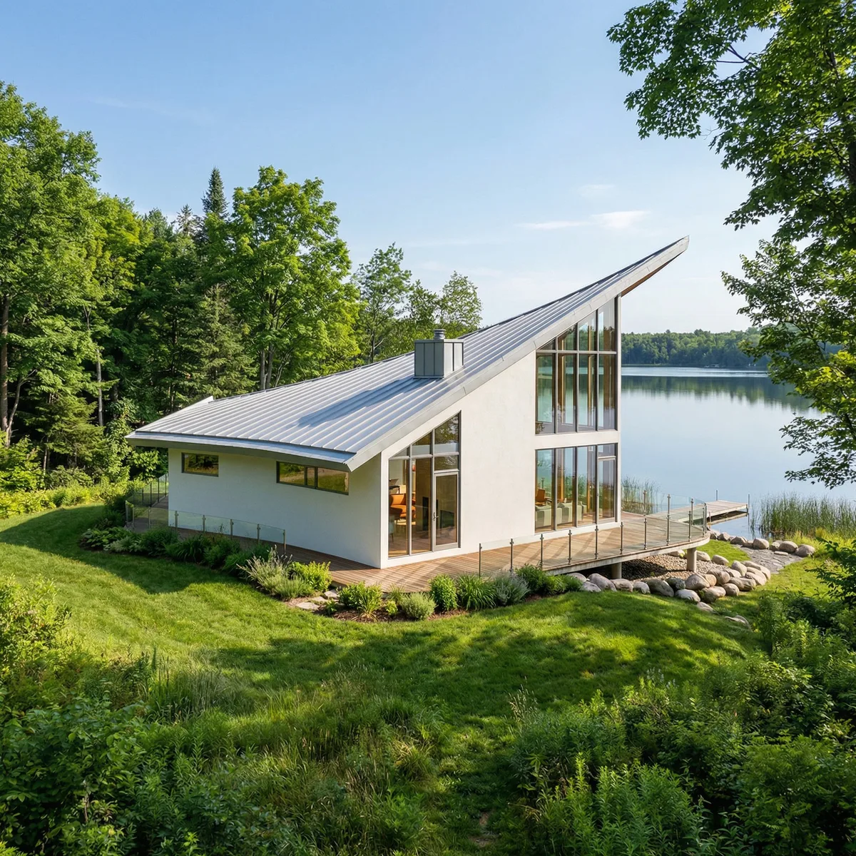 The Walkout Edition by a lake, the roof sweeping up toward the water and the deck stepping down to the shore