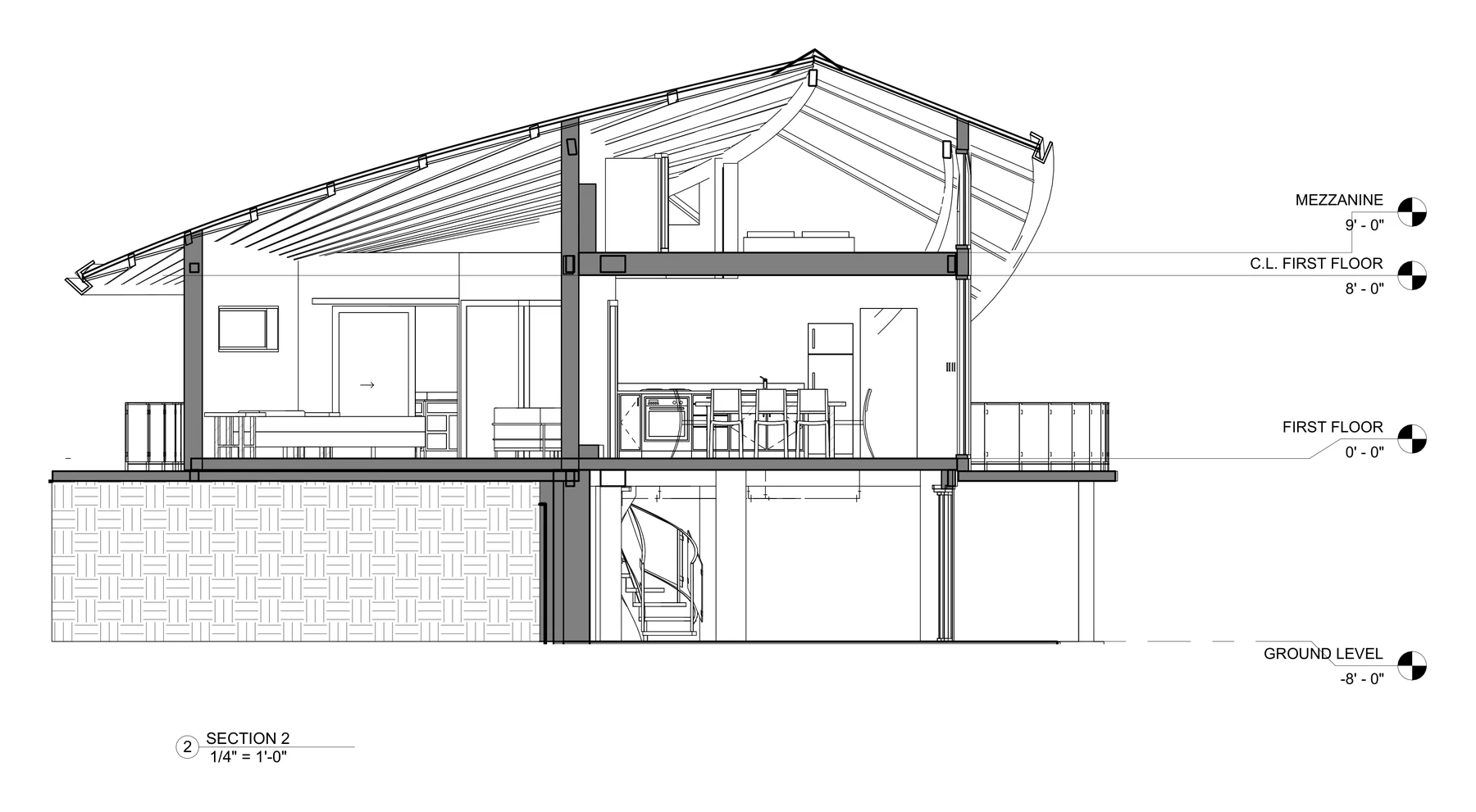 Section through the cabin showing the lower level buried on one side and open on the other, with level markers at minus 8 feet, 0 feet and 9 feet