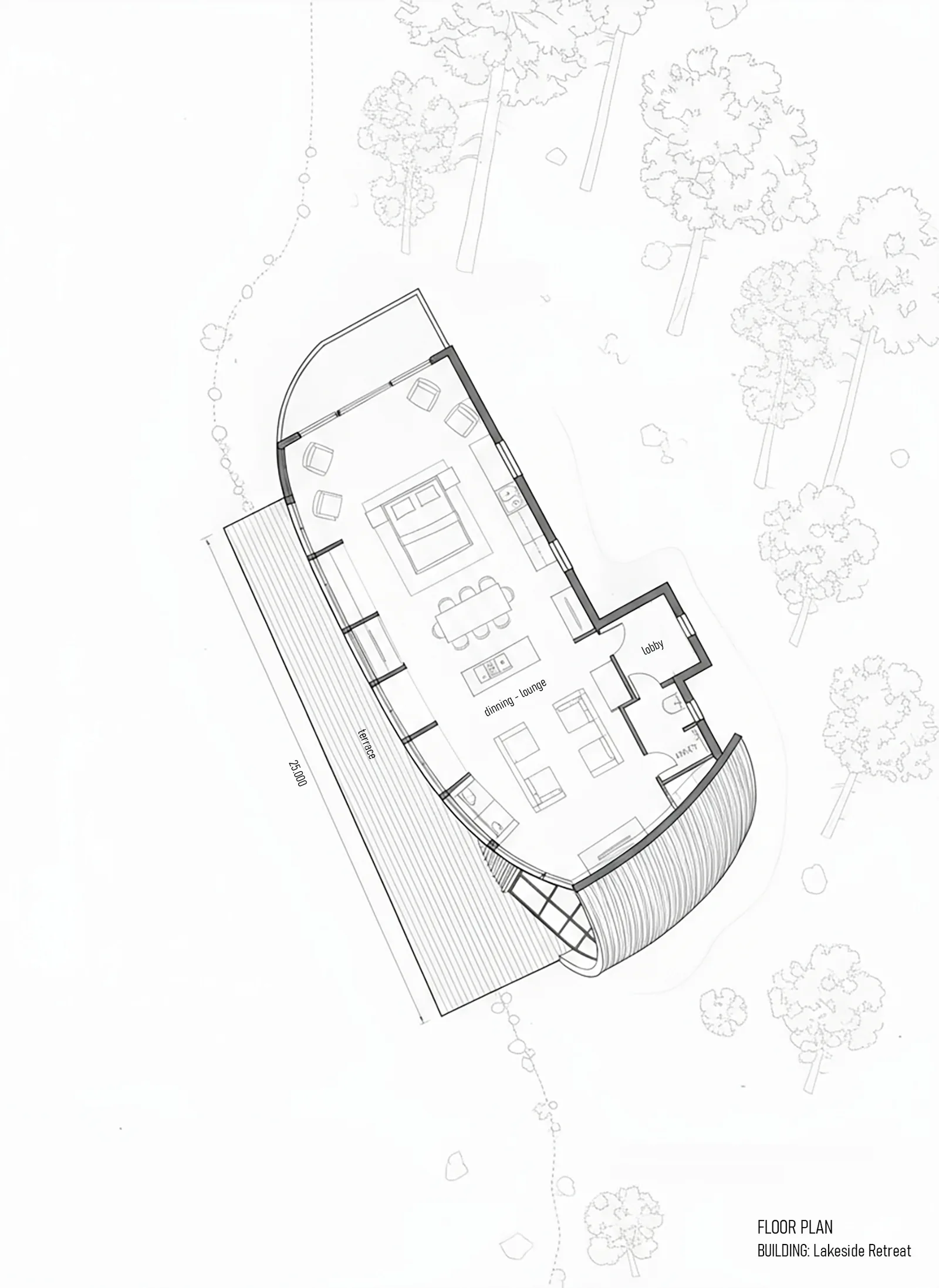 Wave Cabin floor plan with terrace and lakeside orientation