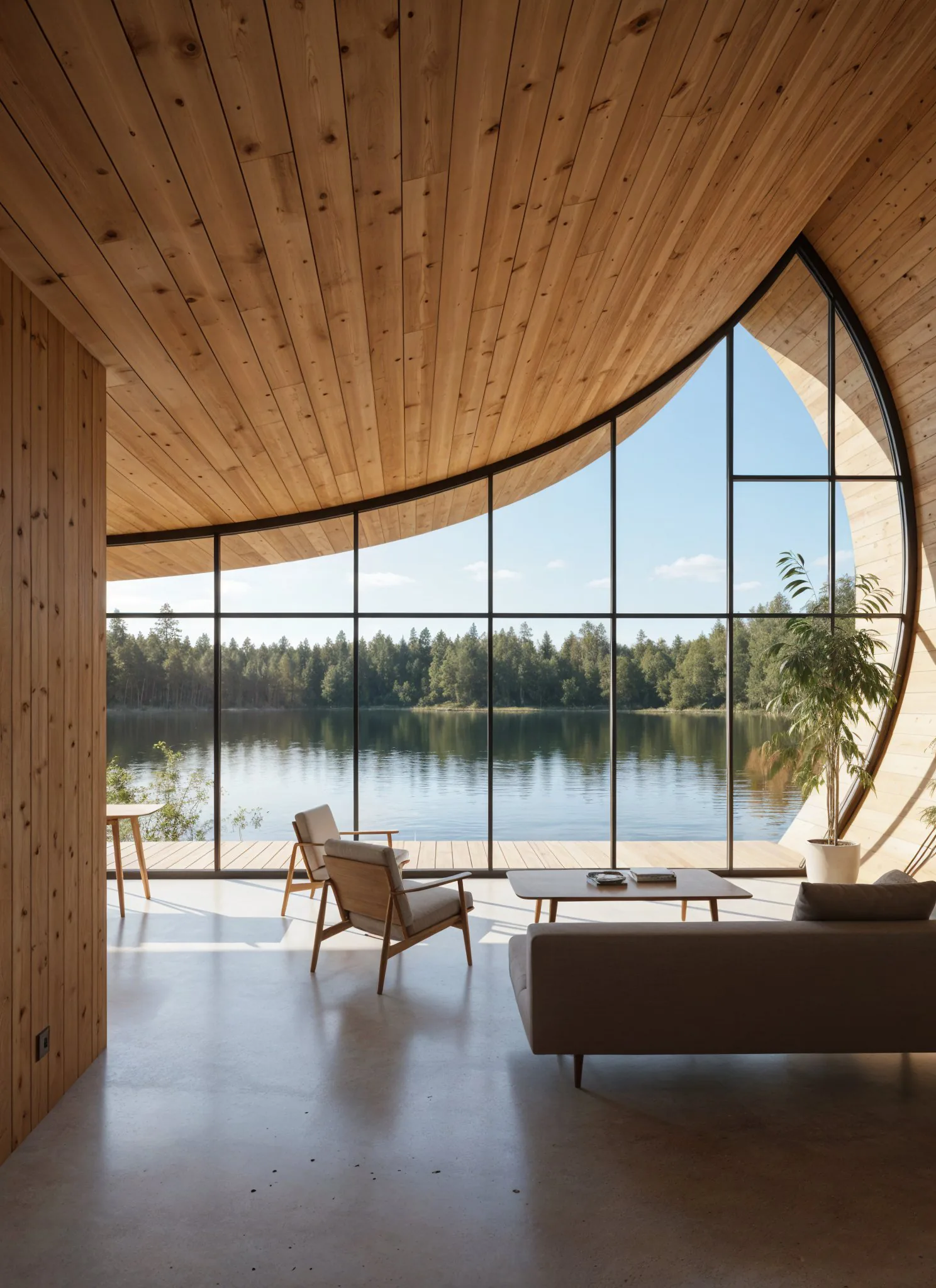 Wave Cabin great room: curved timber ceiling over the lake view