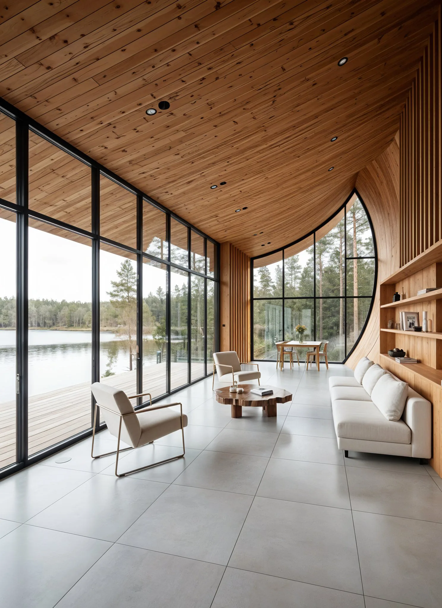 Wave Cabin interior 3D view: open living, kitchen, lake view