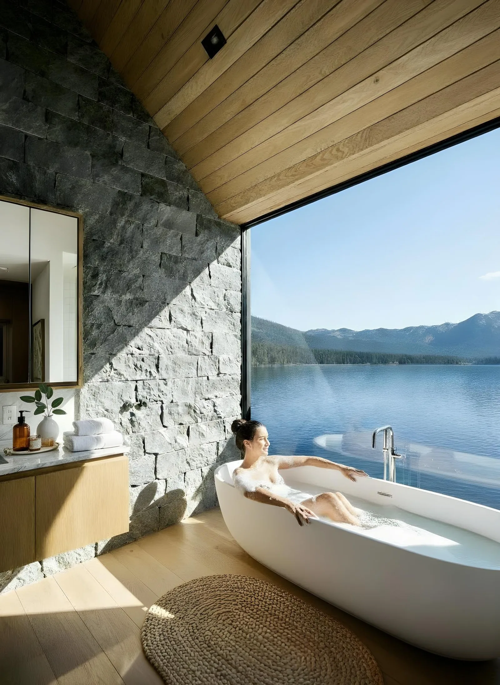 Wave Cabin interior: concrete floor and timber walls